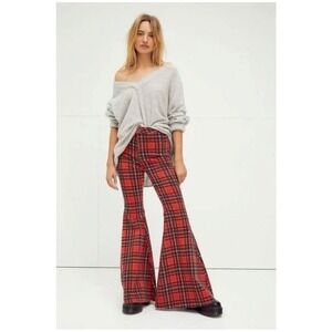 We The Free Free People Just Float On Printed Flare Jeans Red Plaid Bell Bottoms